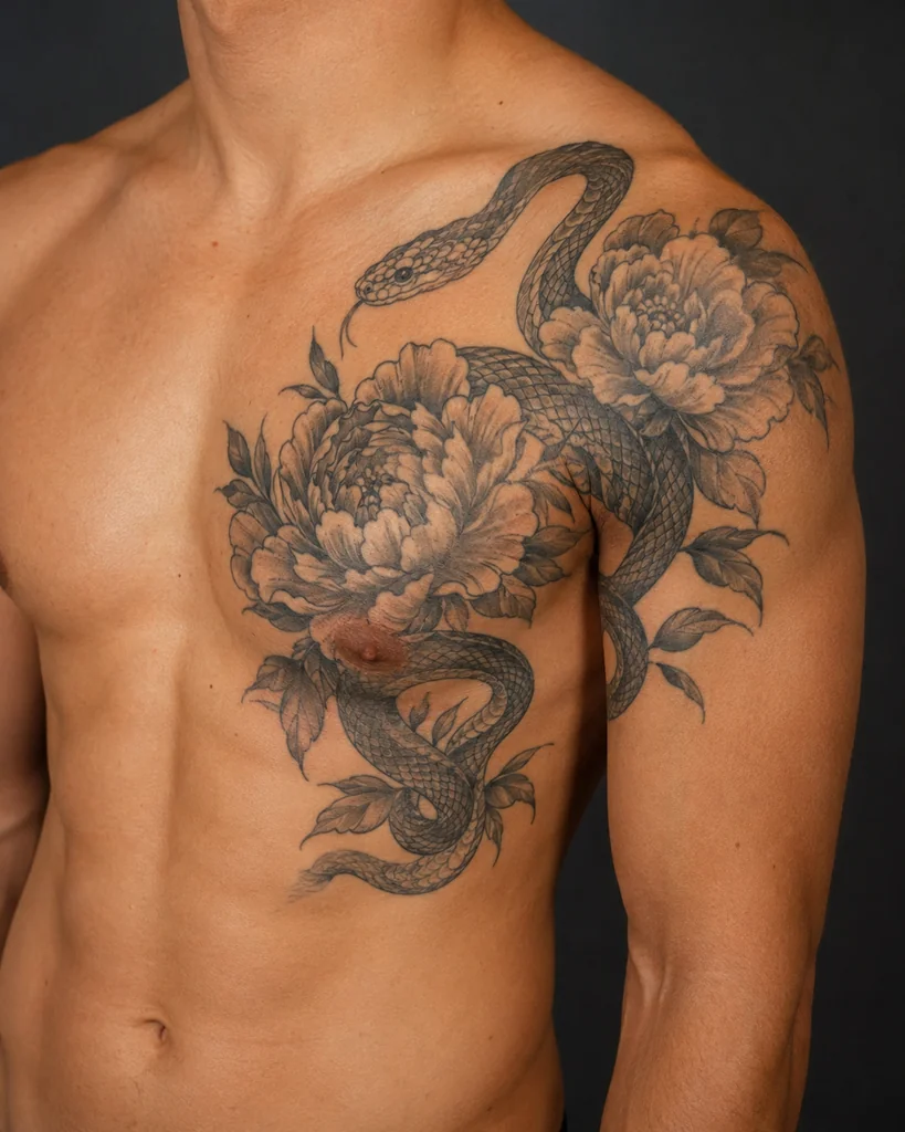 Snake and peony chest tattoo photo before tattoo extraction
