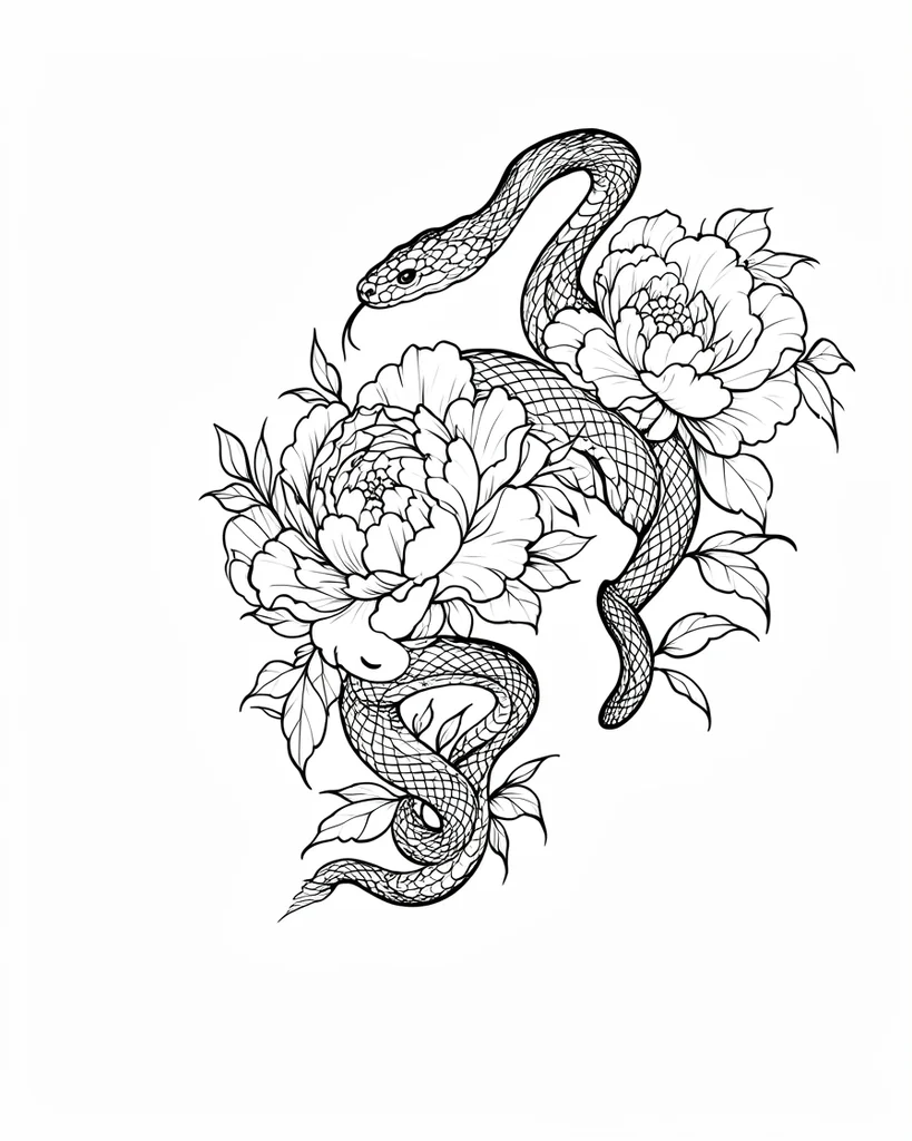 Clean extracted snake and peony tattoo stencil from chest tattoo photo