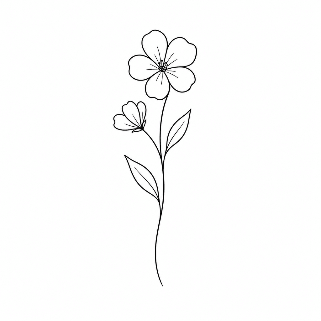 A fine-line flower sprig with a simple stem, leaves, and small blossoms. It helps beginners practice curves without dense petal detail.