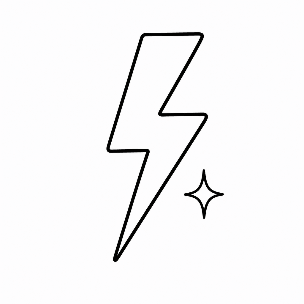 A bold lightning stencil with clean angles and a sparkle accent. It gives beginners a graphic flash shape with few interior lines.