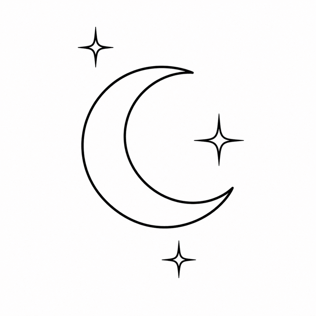 A minimal celestial stencil with a crescent moon and small stars. The separate shapes help with spacing and line control.