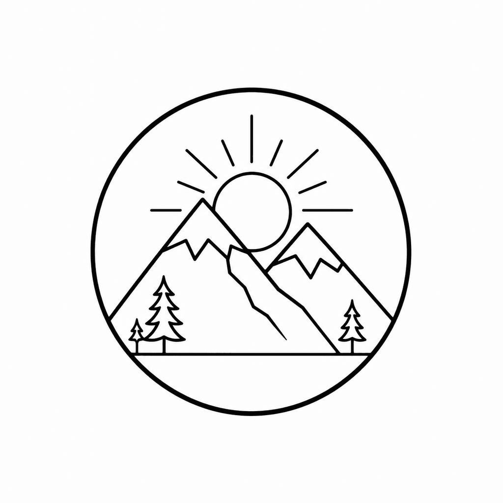 A simple nature stencil with mountain peaks, a rising sun, and limited interior lines. It gives beginners structure without heavy shading.