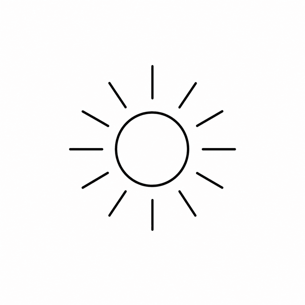 A minimal sun stencil with a center circle and short rays. It is useful for practicing even spacing and repeated lines.