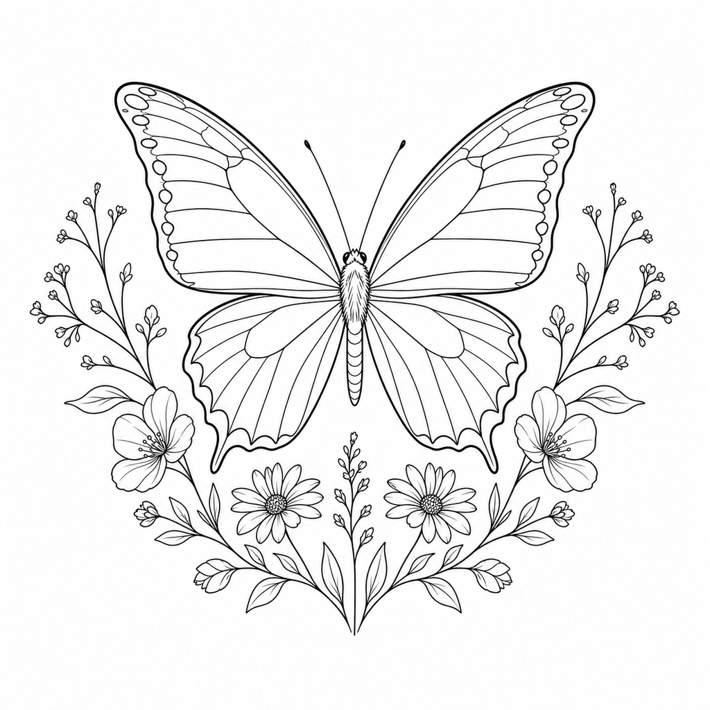 A butterfly stencil framed with simple flower and leaf accents without crowding the wings.