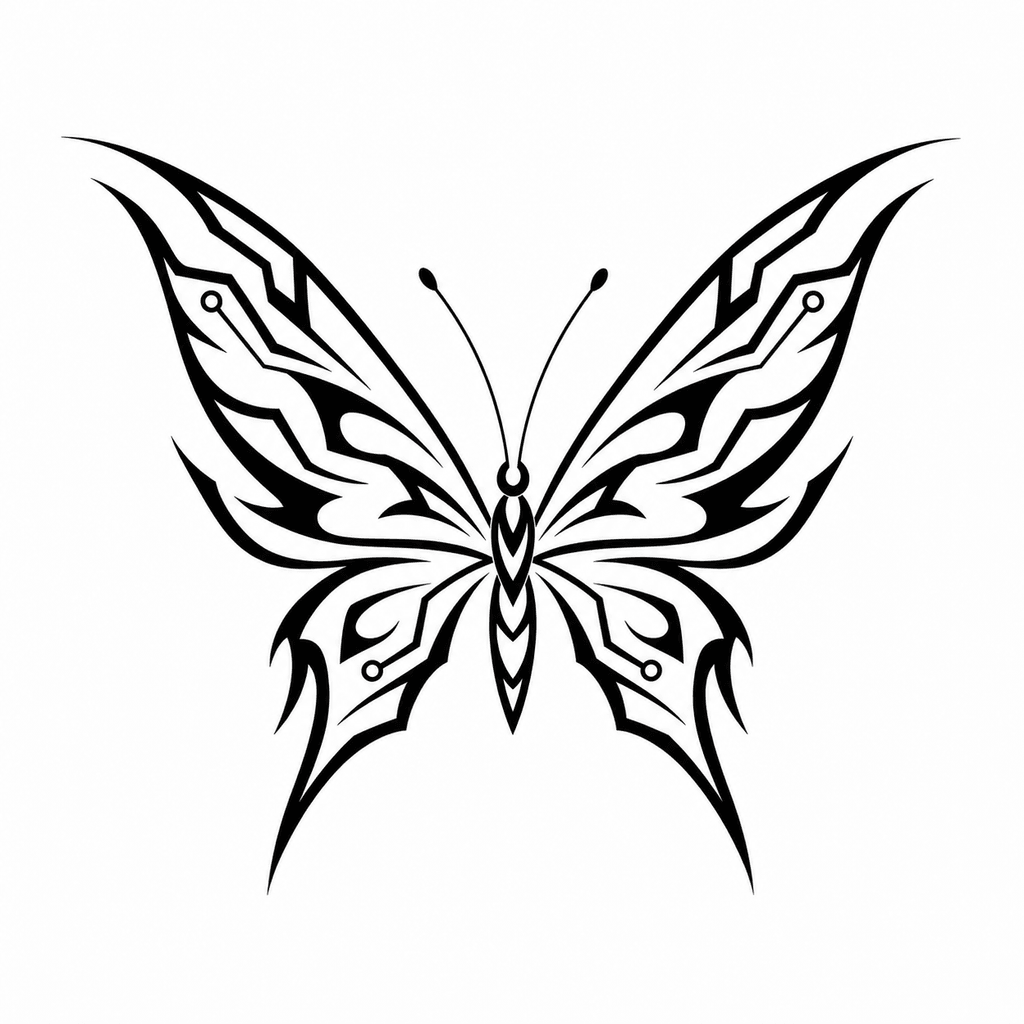 A sharp butterfly stencil with cyber tribal cutouts and sleek high-contrast wing shapes.