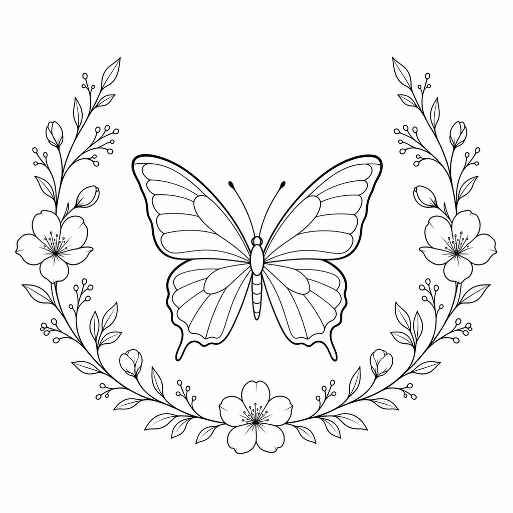 A butterfly stencil framed by simple flower sprigs for a softer botanical composition.
