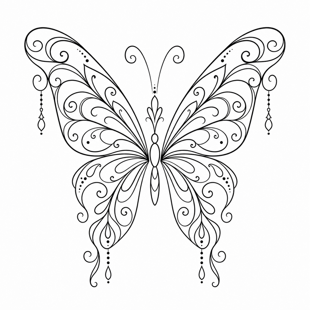 A decorative butterfly stencil with filigree curves and readable fine-line wing detail.