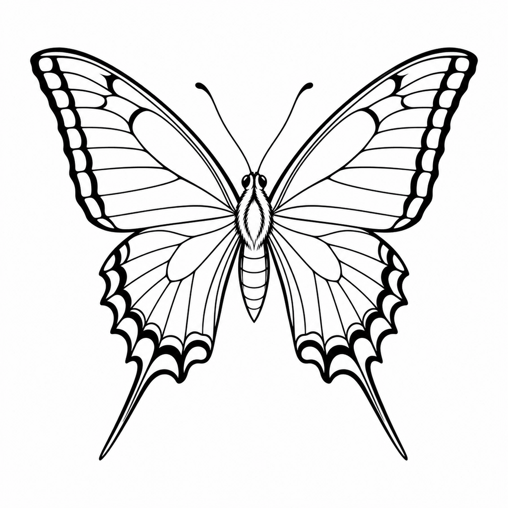 A swallowtail outline with tapered lower wings, long tail shapes, and a strong silhouette.