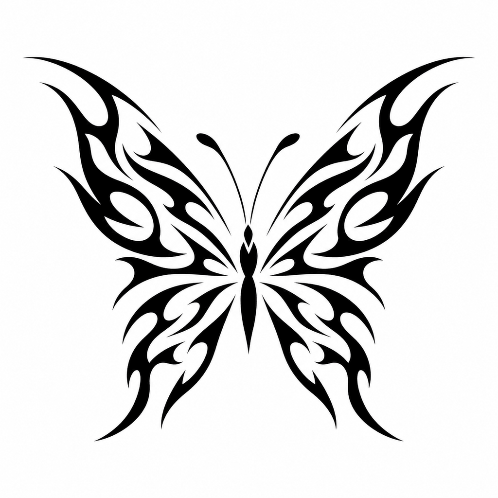 A bold butterfly stencil with flowing blackwork shapes and Y2K-inspired cutouts.