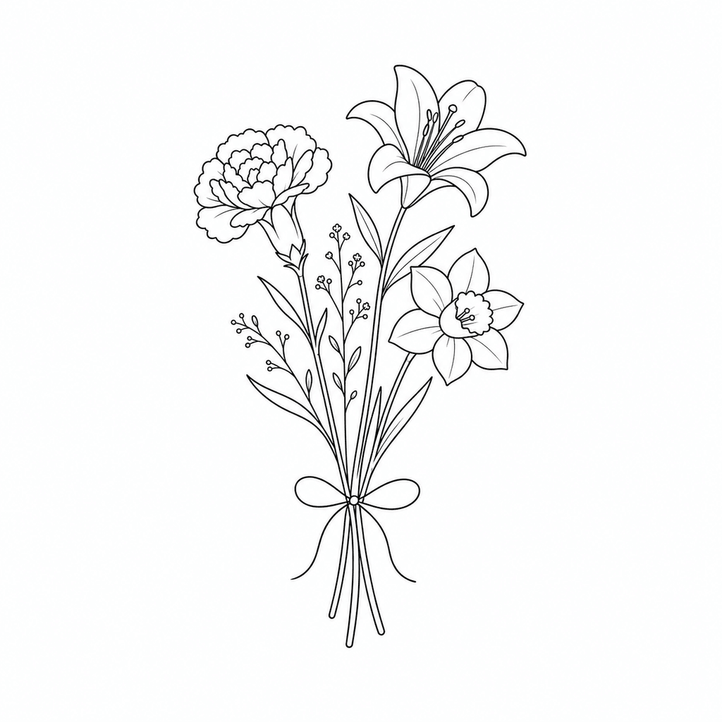 A small floral bundle stencil with mixed blooms, slim stems, and a loose ribbon line. Use it for personalized flower tattoo concepts.