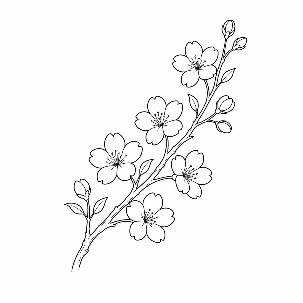 A cherry blossom branch stencil with open petals, buds, and a curved botanical line. Use it for softer floral compositions with Japanese-inspired structure.