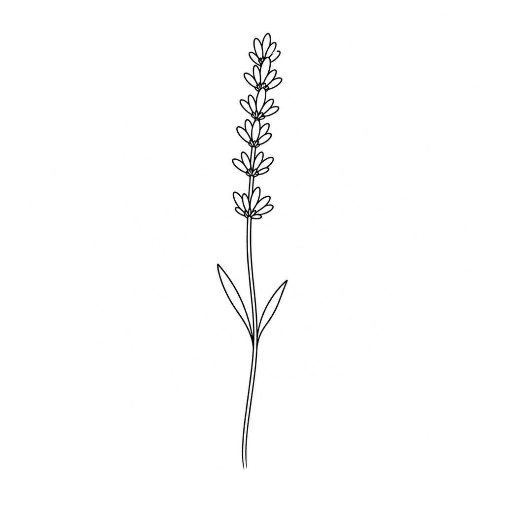 A minimal lavender stencil with a slim stem and small clustered buds. It is useful for narrow placements and delicate botanical tattoos.