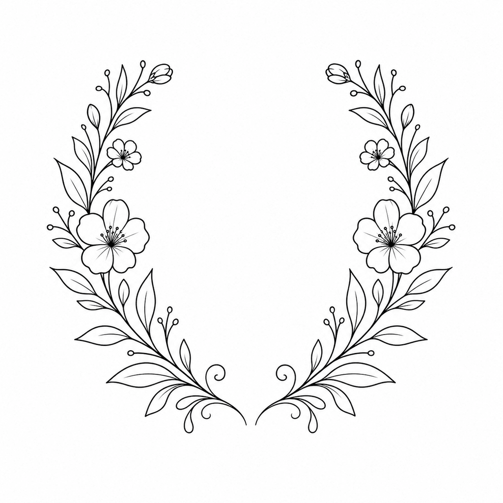 A mirrored floral frame stencil with small blossoms and curved leaves. Use it for decorative placements that need symmetry and open center space.