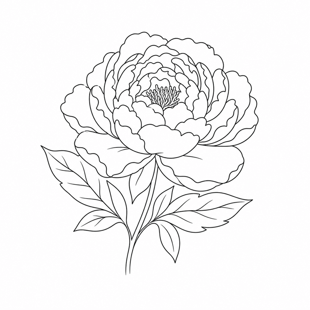 A peony stencil with rounded layered petals and a few leaves. This direction keeps a fuller flower readable without turning into dense texture.
