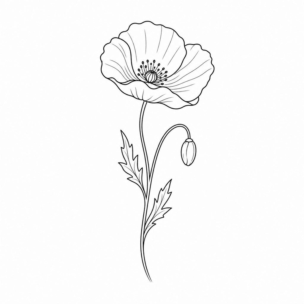 A fine-line poppy stencil with a curved stem, open petals, and a small bud. It keeps the flower airy while preserving a recognizable shape.