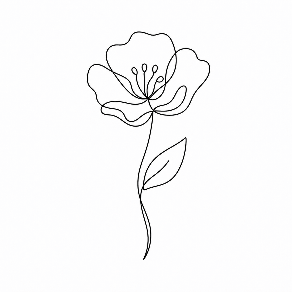 A minimalist flower stencil drawn with flowing contour lines. This style fits modern fine-line tattoos and small placements.