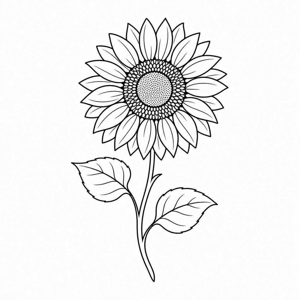 A sunflower stencil with readable petals, a simplified center, and clean leaves. This style gives floral tattoos a bolder outline.