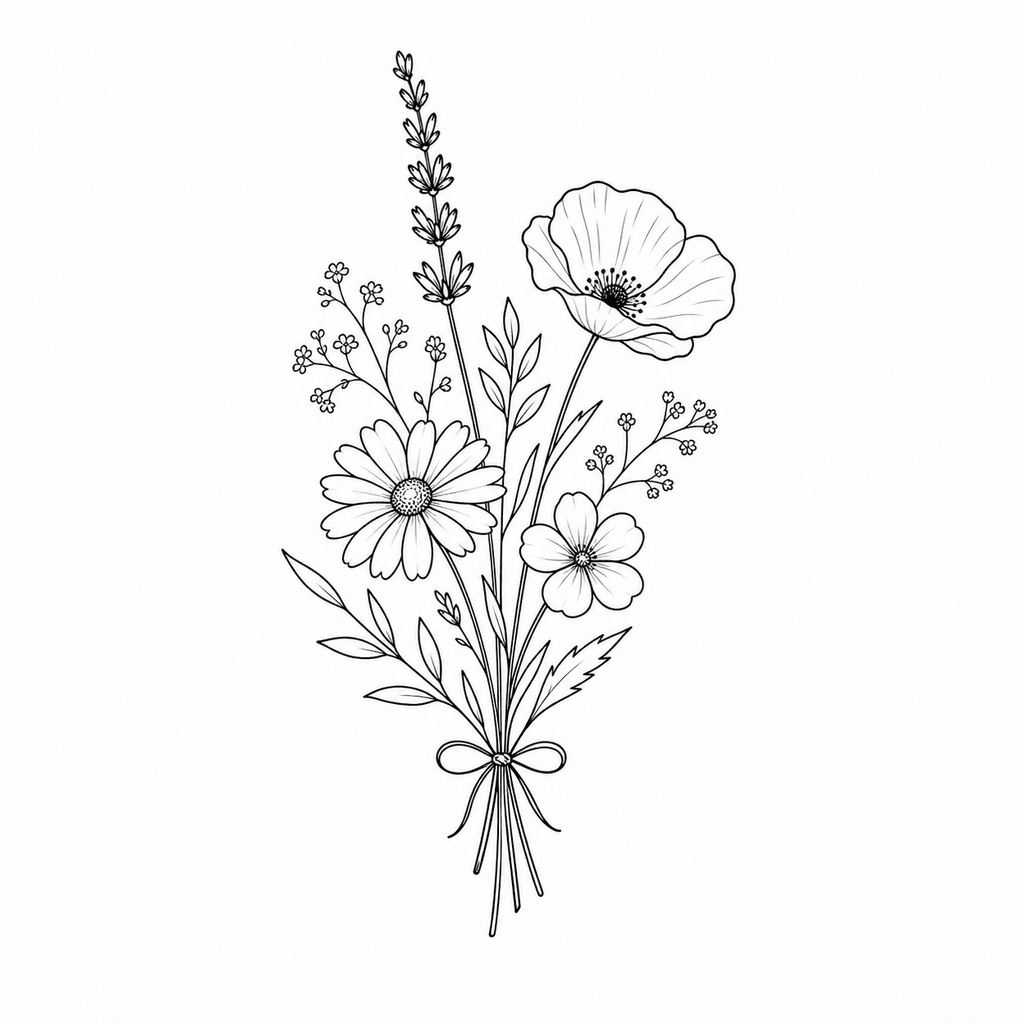 Flower tattoo stencil line art generated from a botanical reference