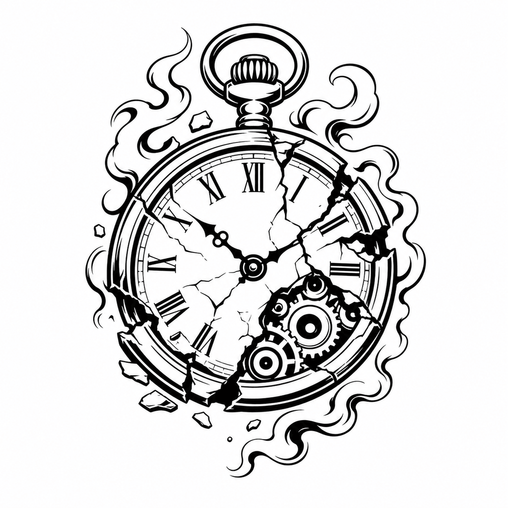 A broken pocket-watch stencil with clean clock structure, simplified gears, and smoke-like curves for time, memory, and sleeve filler ideas.