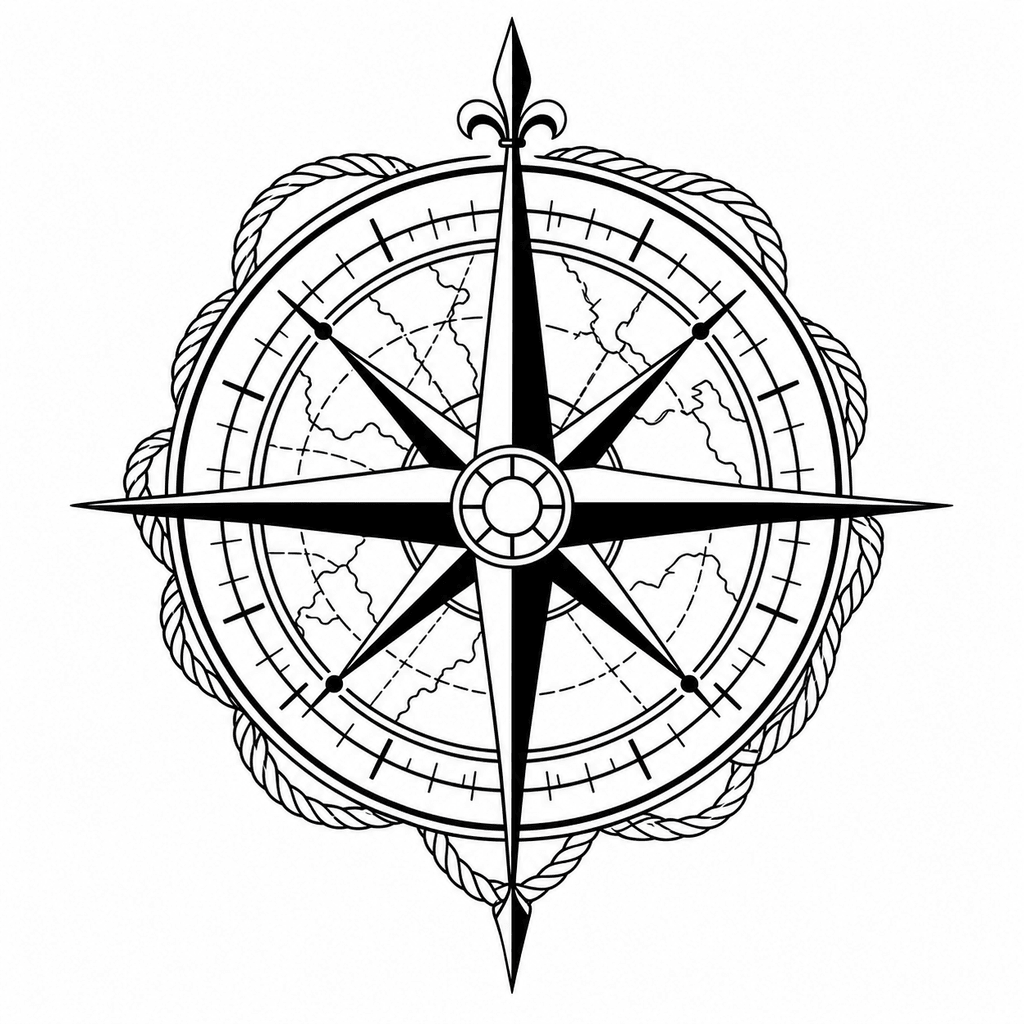 A compass rose stencil with bold direction markers, circular structure, and subtle map-line accents for travel, purpose, and navigation themes.