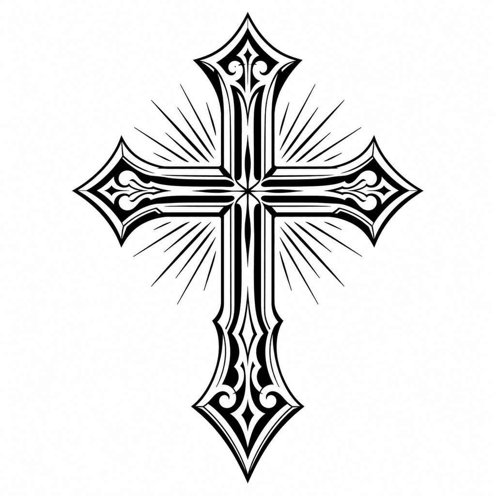 A symmetrical cross stencil with beveled arms, open negative space, and subtle ornamental cuts for religious or memorial tattoo concepts.