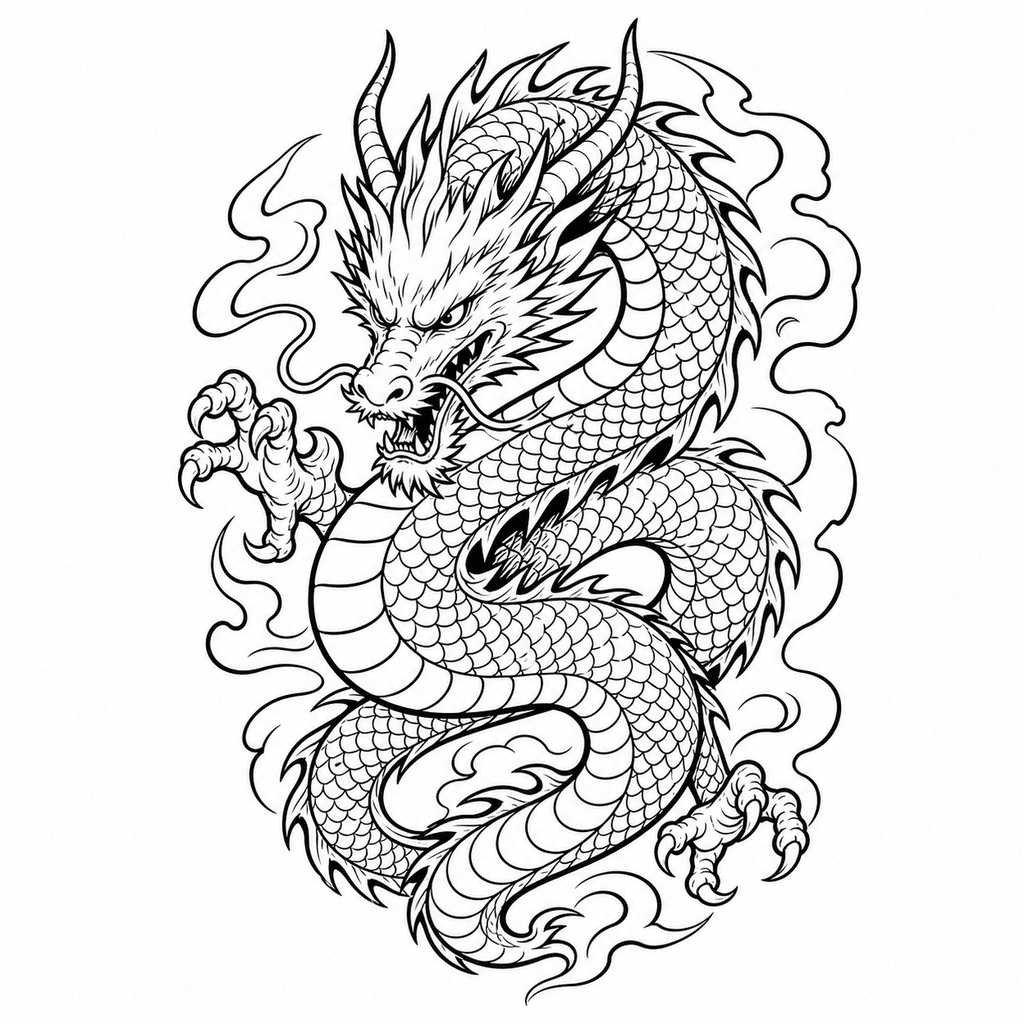 A coiled dragon stencil with horns, claws, smoke-like flow, and simplified scale groups for larger arm, back, or chest placements.