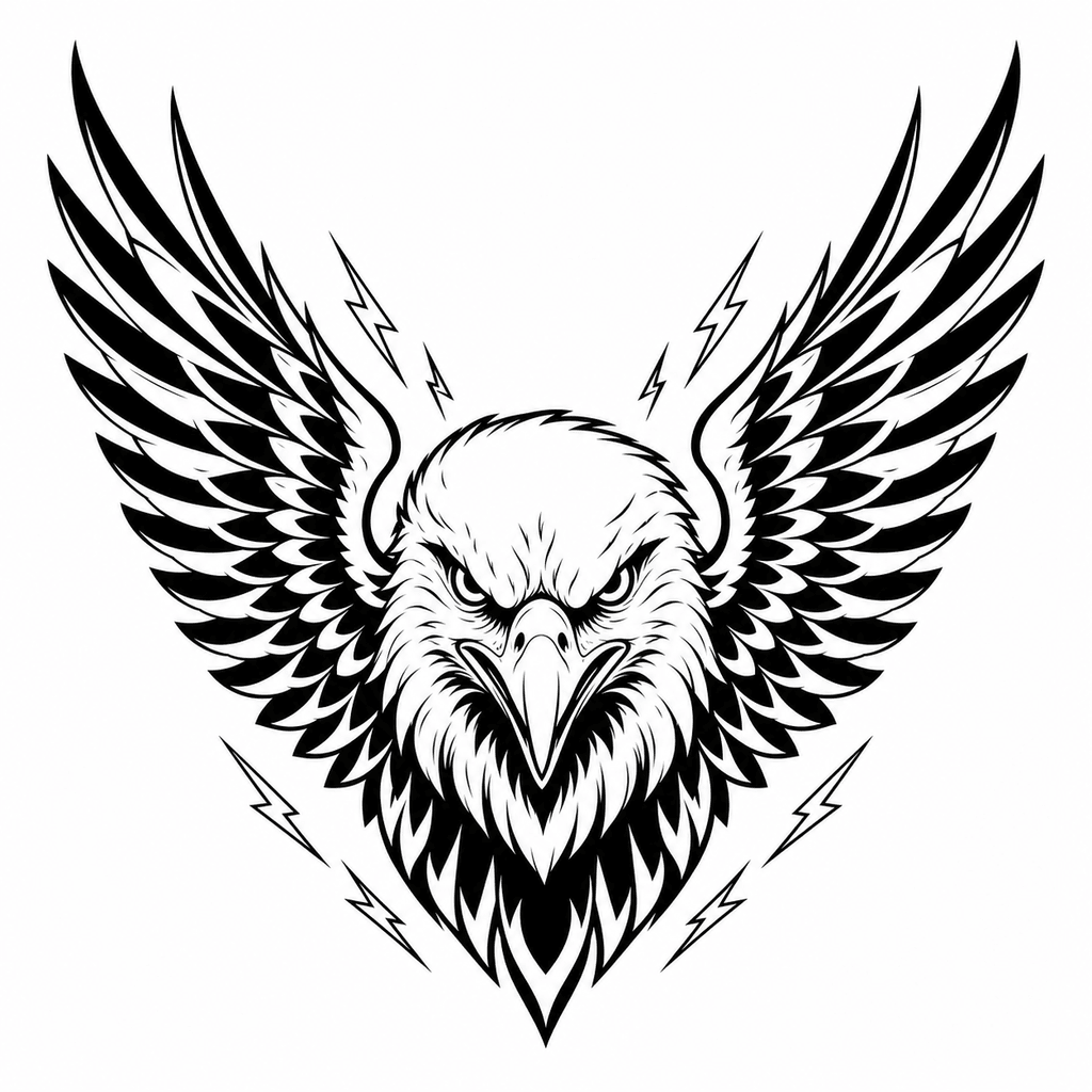 An eagle stencil with spread wings, clean feather groups, and a sharp V-shaped silhouette for traditional and patriotic tattoo directions.