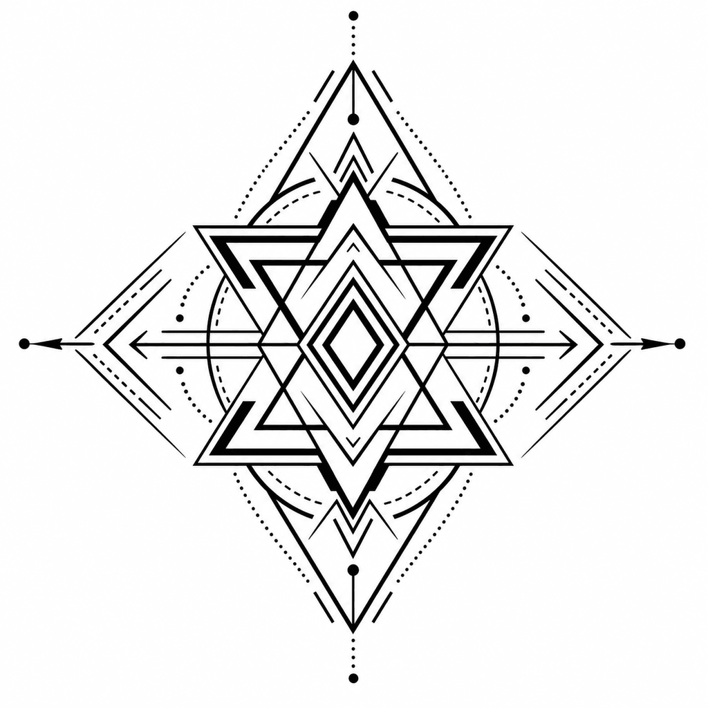 A sharp geometric blackwork stencil with layered triangles, a central diamond, and balanced symmetry for modern symbolic tattoos.