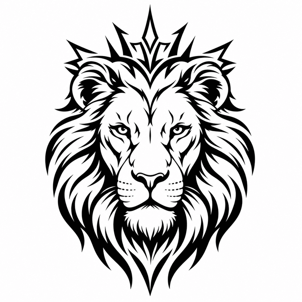 A front-facing lion stencil with a strong mane silhouette and focused expression. Use this direction for bold strength and family-themed tattoo ideas.