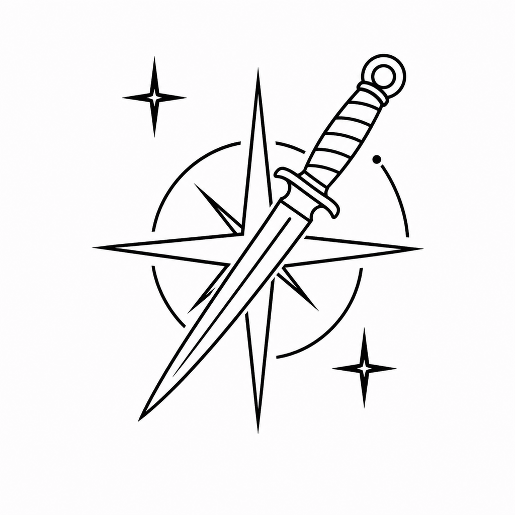 A clean minimal stencil with a dagger, compass line, stars, and simple arcs for small masculine tattoos with confident spacing.
