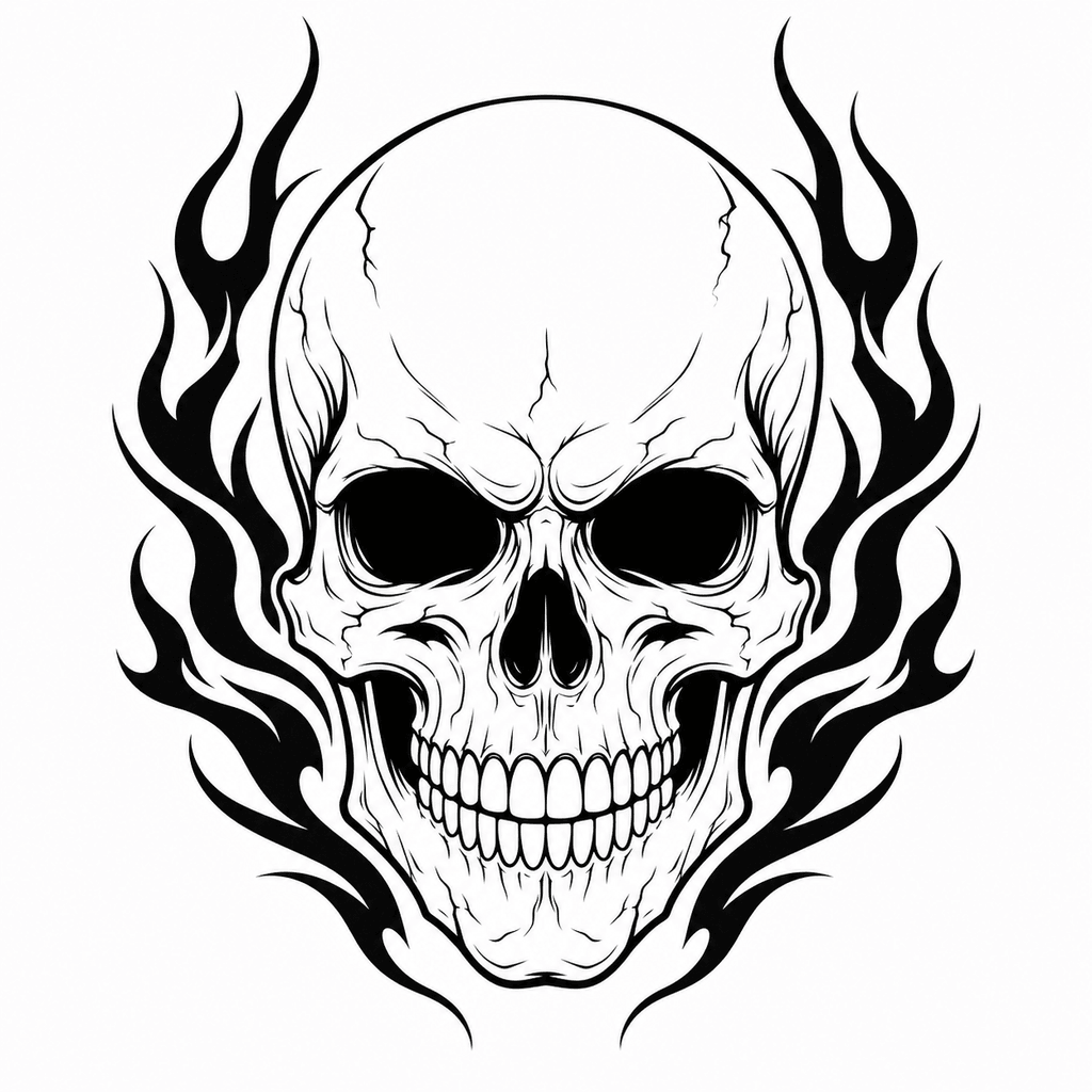 Men's tattoo stencil line art with a bold skull and flame reference