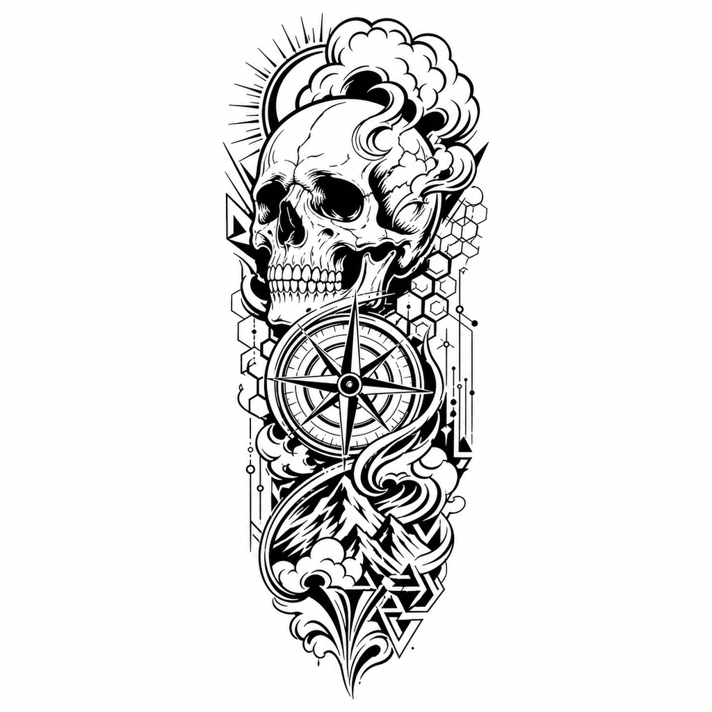A vertical sleeve concept stencil with layered skull, compass, clouds, geometric filler, and bold flow lines for planning a larger composition.
