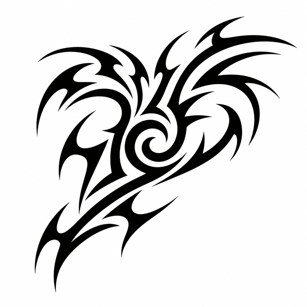 A flowing tribal blackwork stencil with sharp hooks, bold curves, and shoulder-friendly movement while avoiding sacred cultural symbols.