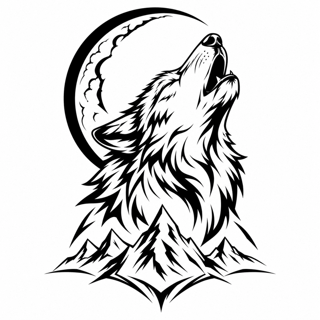 A howling wolf stencil with angular fur, a moon accent, and mountain-line detail for outdoor, loyalty, and blackwork animal tattoo concepts.