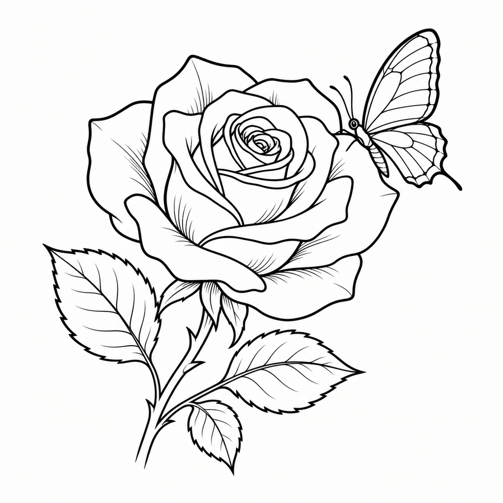 A combined floral stencil with a rose, simplified butterfly, and open negative space between subjects.