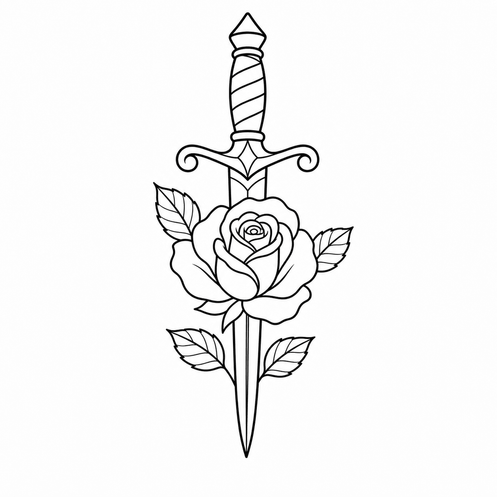 A classic flash-style stencil pairing a rose with a vertical dagger and clear bold outlines.