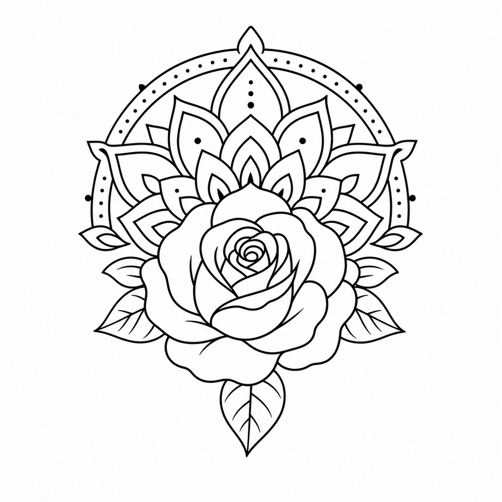 An ornamental rose stencil framed by simple mandala geometry for larger, symmetrical placements.