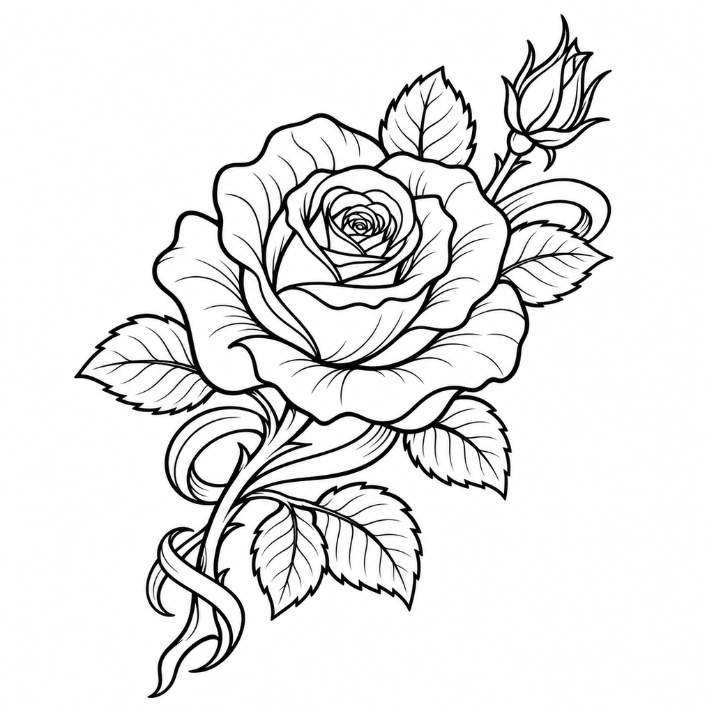 A decorative rose stencil with flowing stem lines, extra leaves, and a more expressive flash feel.