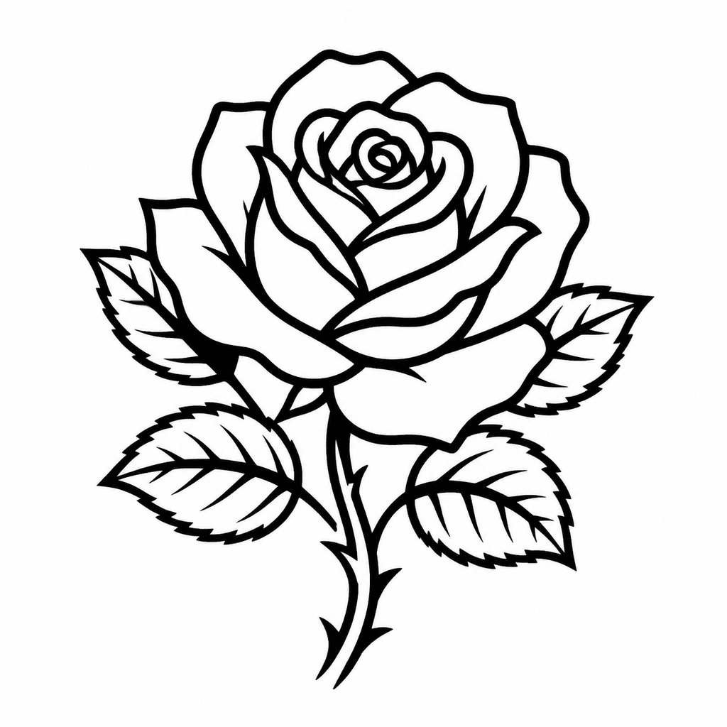 A bold rose tattoo stencil with heavier contours, simplified petals, and classic flash structure.
