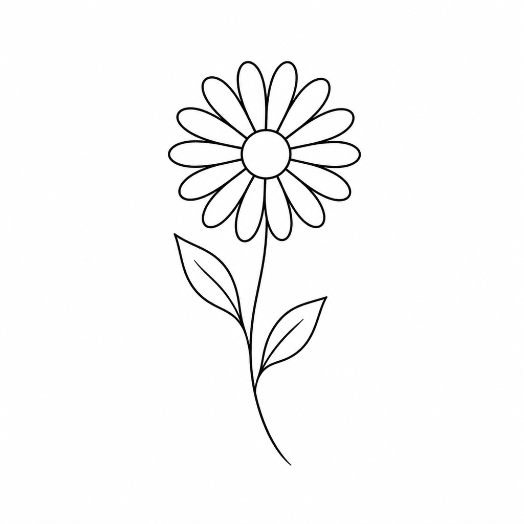 A small daisy stencil with simple petals, a short stem, and two leaves. This floral direction keeps the outline light while staying easy to transfer.