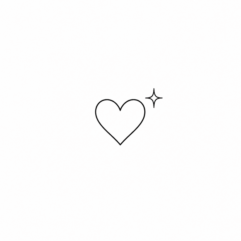 A tiny heart tattoo stencil with one sparkle accent and a smooth open outline. This direction fits small placements where the shape should read instantly.