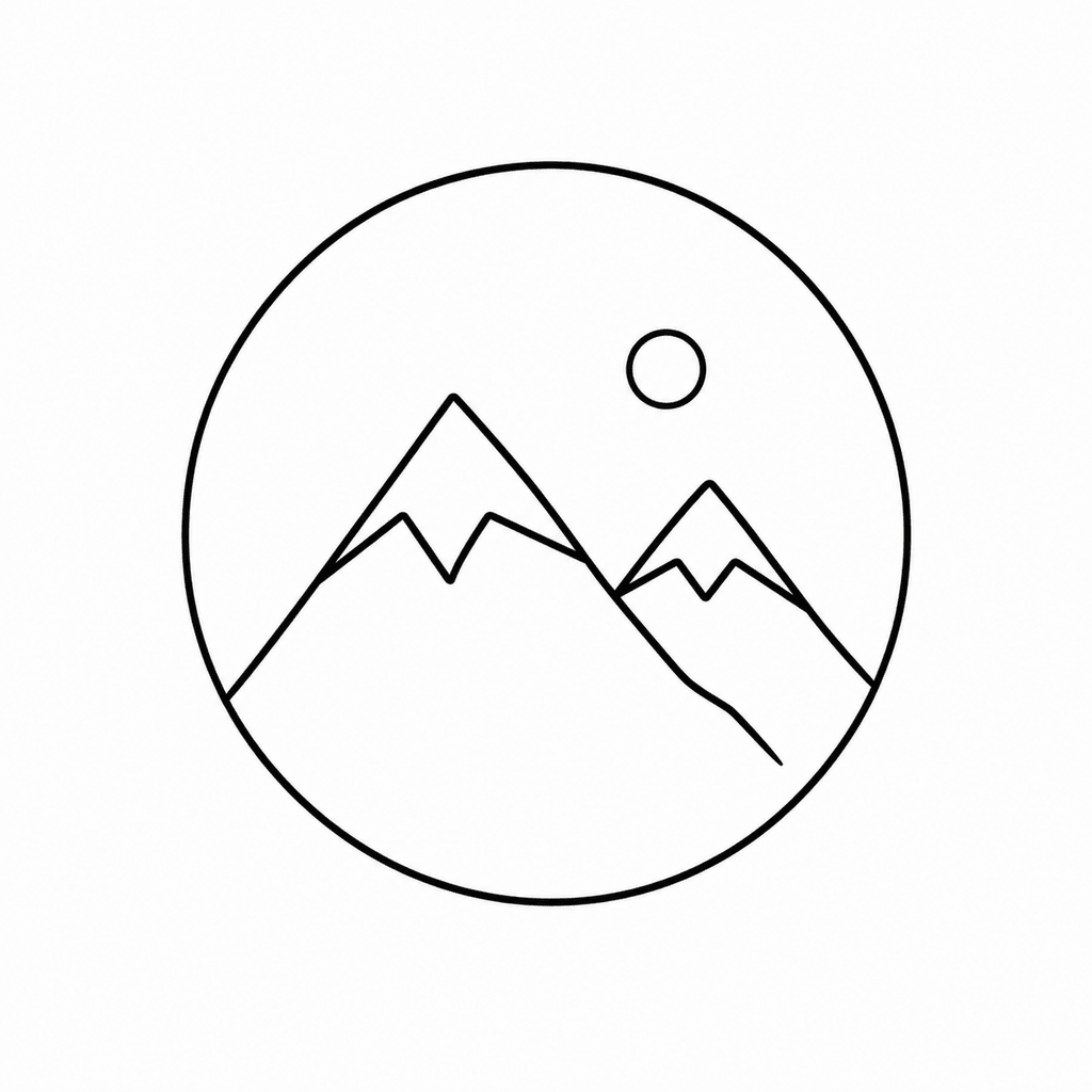 A clean mountain stencil inside a thin circle outline. This direction gives nature references a simple geometric frame without adding texture.