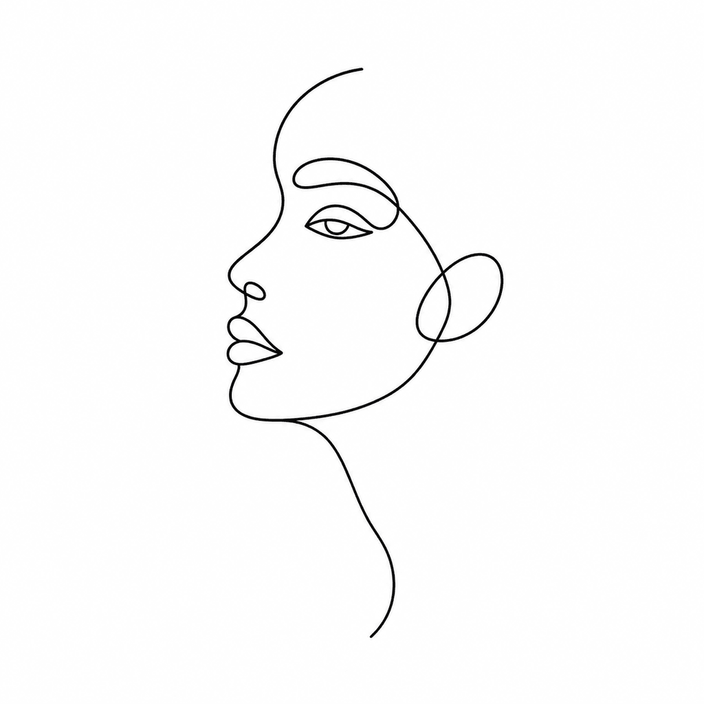 A minimalist face stencil made from flowing contour lines. Use this style for clean fine-line tattoos that need personality without dense detail.